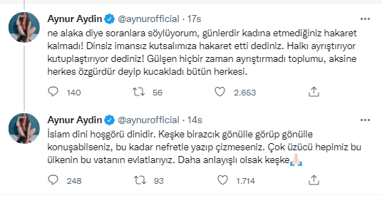Aynur Aydın'dan Gülşen'e destek! ''İslam hoşgörü dinidir''
