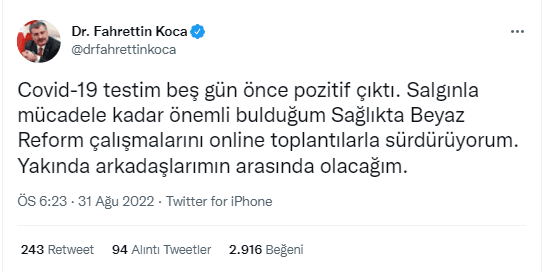 Fahrettin Koca Covid'e yakalandı