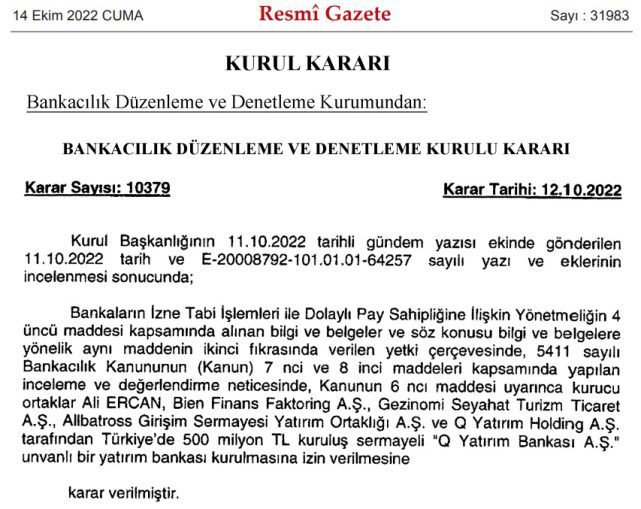 Q Yatırım Bankası için BDDK'dan onay