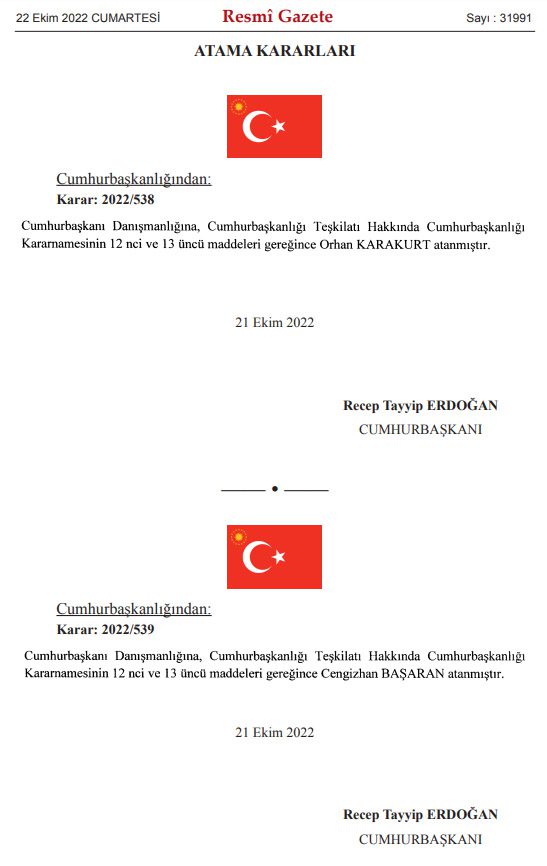 Orhan Karakurt ve Cengizhan Başaran Cumhurbaşkanı Danışmanı olarak atandı