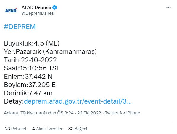 Son Dakika Deprem Haberi: Kahramanmaraş Pazarcık'ta 4.5 büyüklüğünde korkutan deprem!