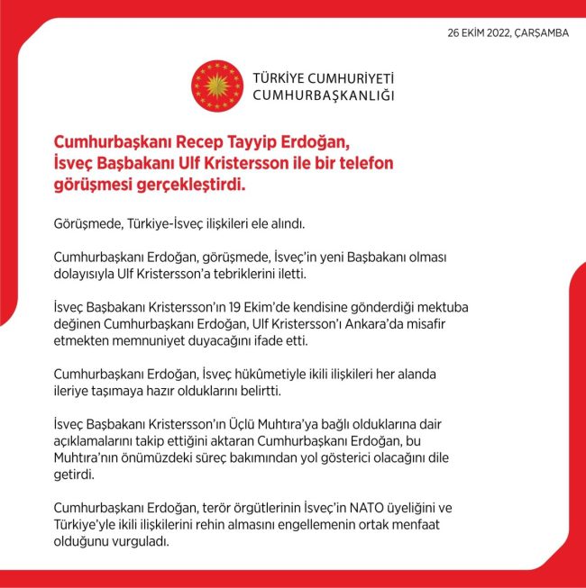 Recep Tayyip Erdoğan İsveç Başbakanı Ulf Kristersson ile telefonda görüştü