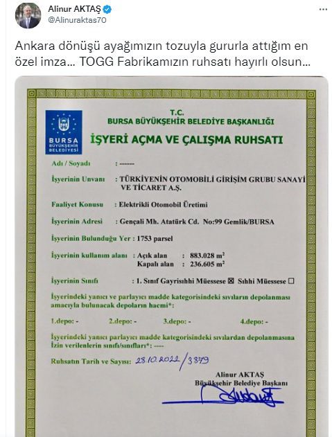 Alinur Aktaş TOGG'un Ruhsatını paylaştı