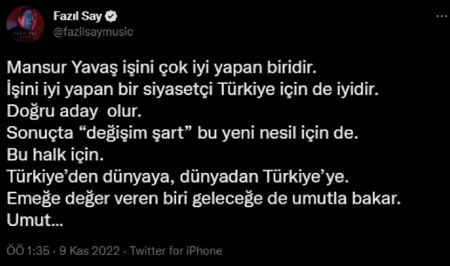 Piyanist Fazıl Say'dan 6'lı masaya aday önerisi