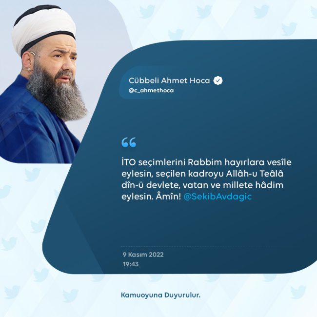Cübbeli Ahmet Hoca'dan İTO'da seçimi kazanan Şekip Avdagic'e tebrik geldi