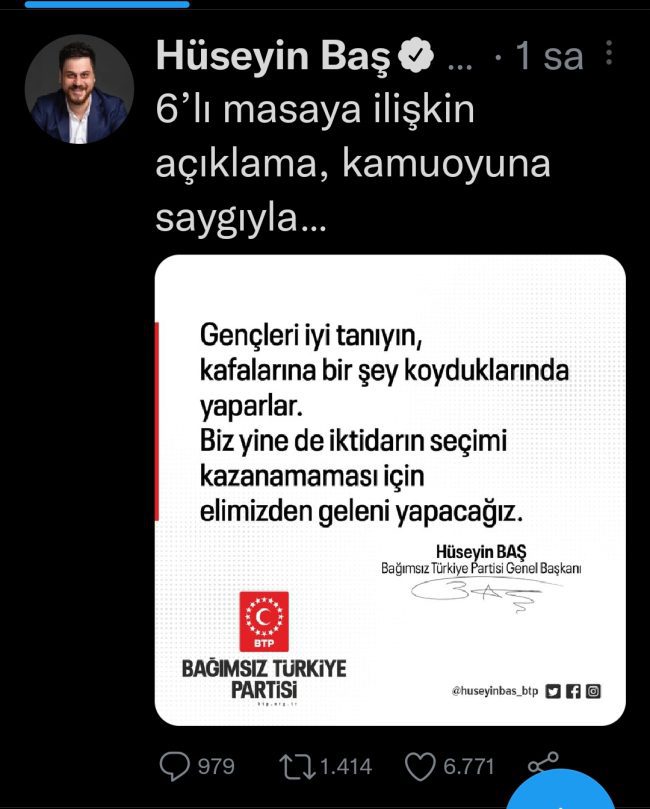 BTP Genel Başkanı Hüseyin Baş'tan Altılı Masa'ya gönderme