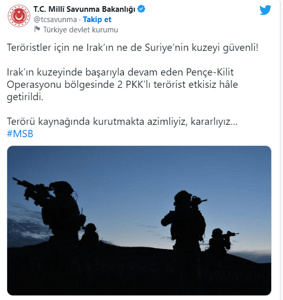 MSB duyurdu! Pençe-Kilit operasyonunda 2 terörist etkisiz hale getirildi