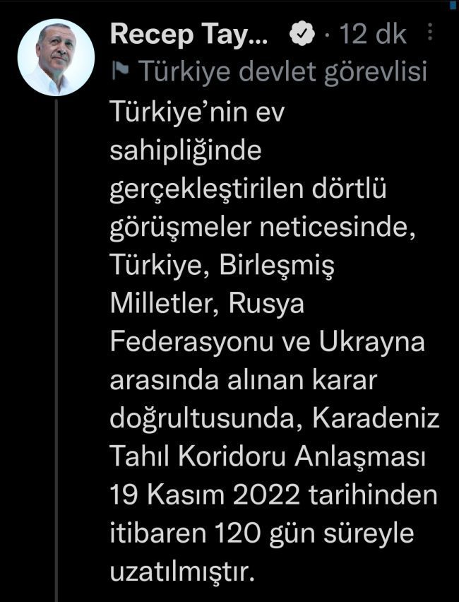 Cumhurbaşkanı Erdoğan Tahıl Koridoru anlaşmasının uzatıldığını açıkladı