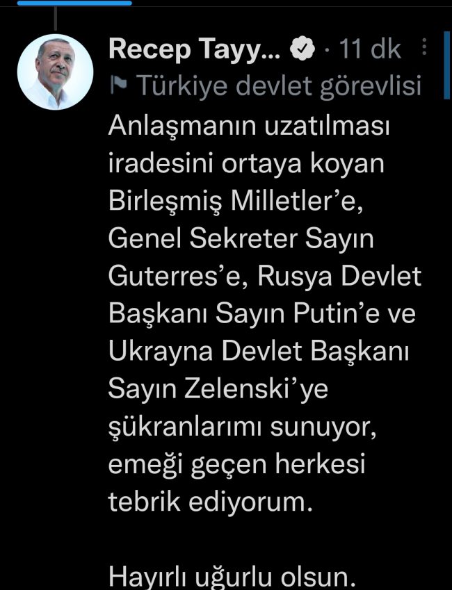 Cumhurbaşkanı Erdoğan Tahıl Koridoru anlaşmasının uzatıldığını açıkladı