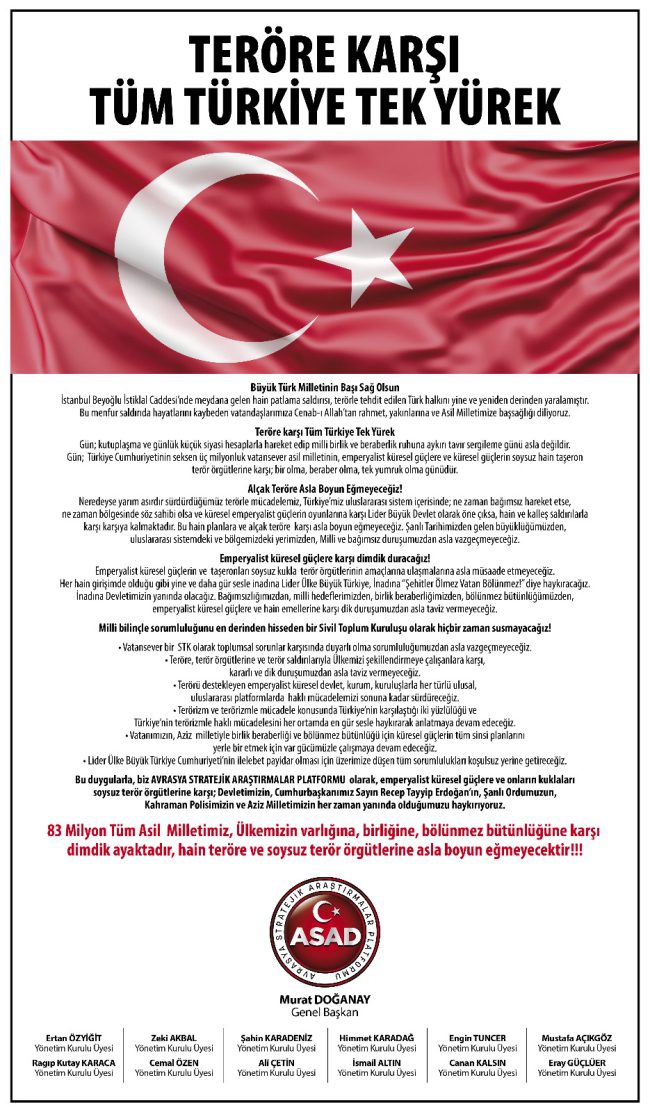 ASAD Taksim'de yaşanan hain terör saldırısıyla ilgili bir paylaşım yaptı