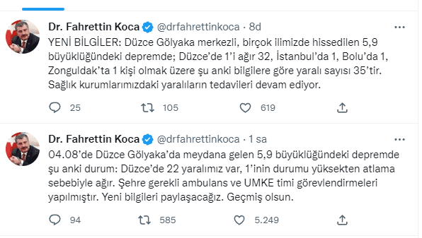 Bakan Koca: Deprem sonrası 35 yaralımız var 1 kişinin durumu ağır