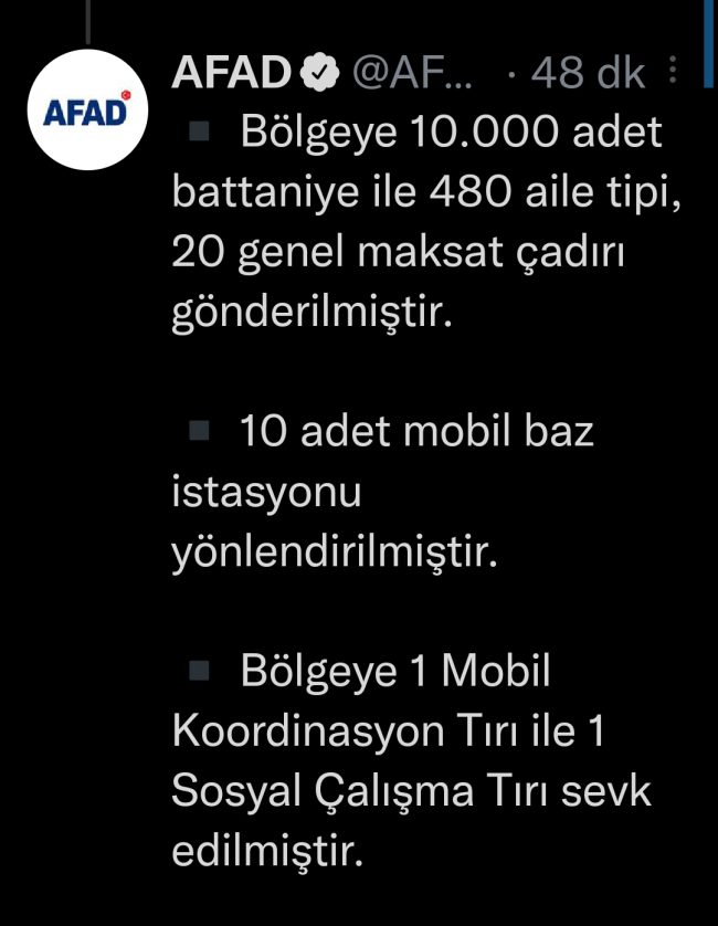 AFAD bilgilendirme açıklaması yaptı, deprem bölgesine gerekli ihtiyaçların gönderildiğini açıkladı