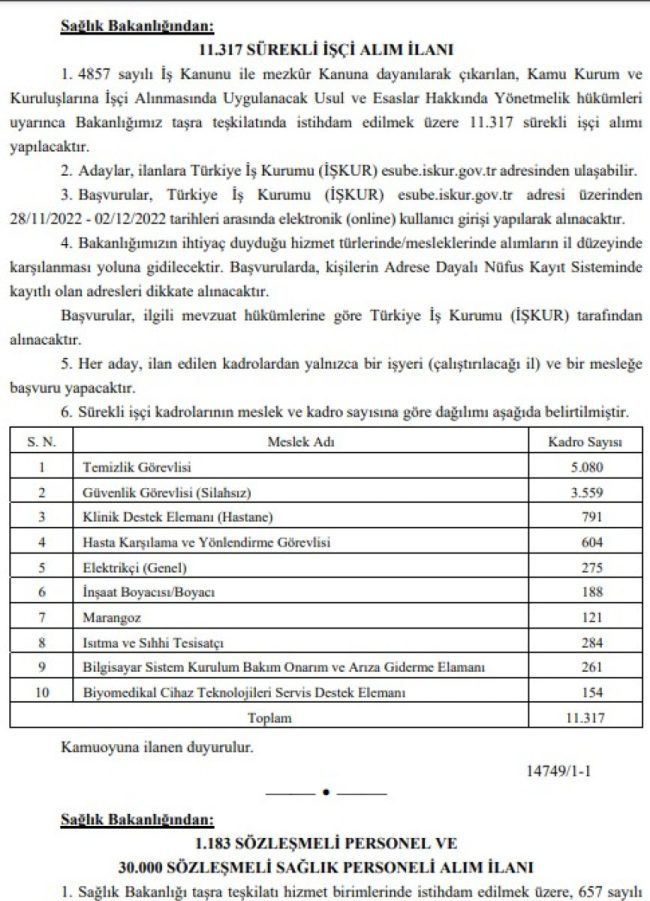 Sağlık Bakanlığı Personel alımı resmi gazete'de yayınlandı