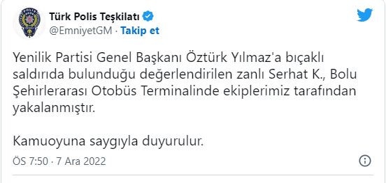 Yenilik Partisi Genel Başkanı Öztürk Yılmaz bıçaklı saldırıya uğradı