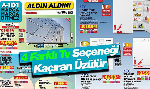 A101 aktüel ürünler kataloğu 8 Eylül sabahı onlarca ürünler başlıyor! 4 farklı Tv seçeneği A101 indirimli ürünlerinde
