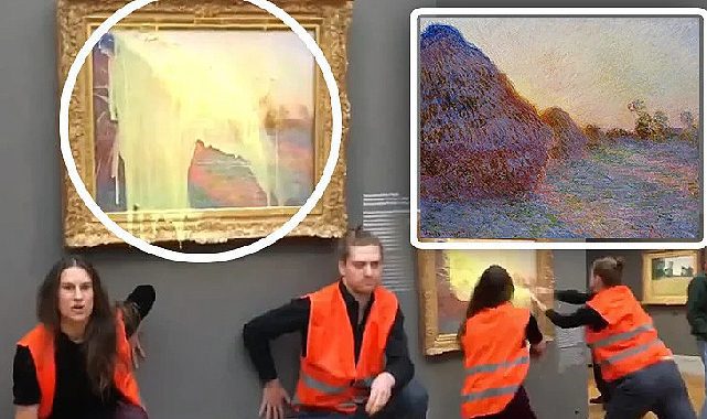 Hedefleri şimdi de Monet oldu! Tabloya püre fırlattılar!