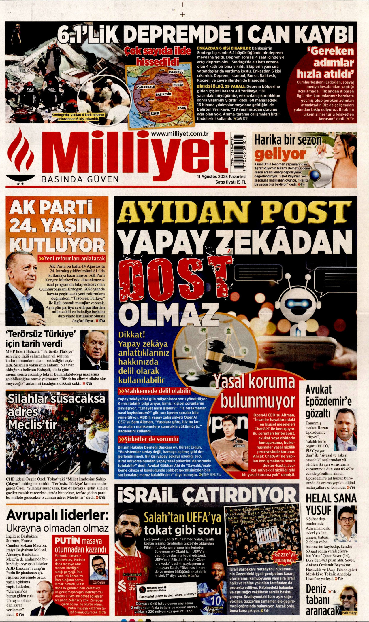 MİLLİYET Gazete Manşeti
