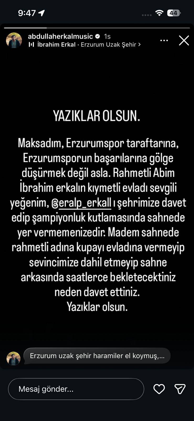 İbrahim Erkal’ın ailesinden Erzurumspor kutlamalarına tepki