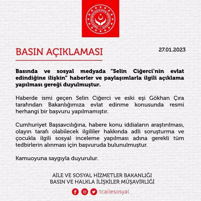 Aile ve Sosyal Hizmetler Bakanlığı'ndan Selin Ciğerci ve Gökhan Çıra açıklaması!
