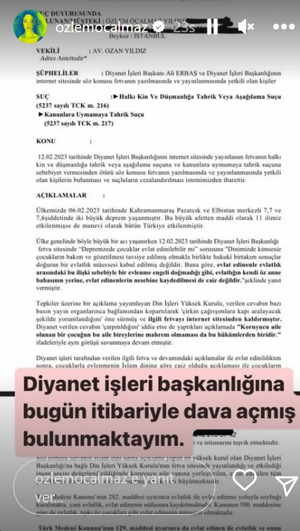Oyuncu Özlem Öçalmaz Diyanet İşleri Başkanı Ali Erbaş'a dava açtı! 